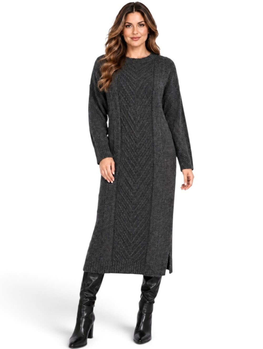 Textured Chevron Crew Neck Knit Long Sleeve Midi Sweater Dress Charcoal Gray